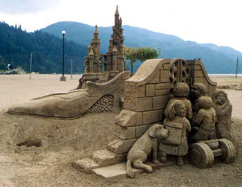Several children are hiding behind a wall, staring at a castle in the distance in this sculpture