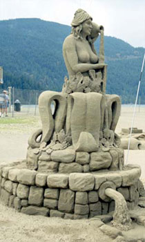 Abstract sculpture of a shirtless women on top of a well that water is flowing out of