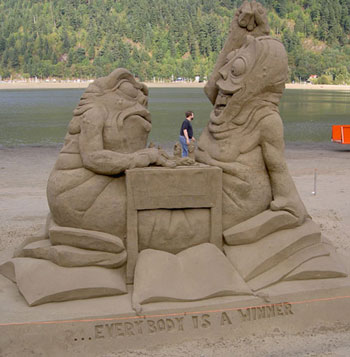 Abstract sculpture of two non-human beings