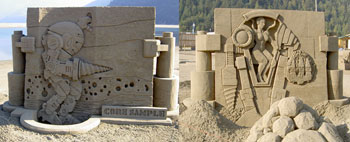Sand sculpture of two beings, that appear to be mining in spacesuits
