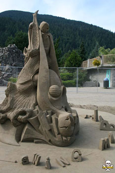 Abstract sculpture of an upside down woman and another person