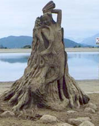 Abstract image of a person intertwined with a tree stump