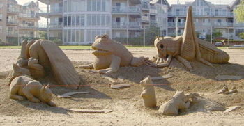 An abstract sculpture depicting a food chain composed of five different species